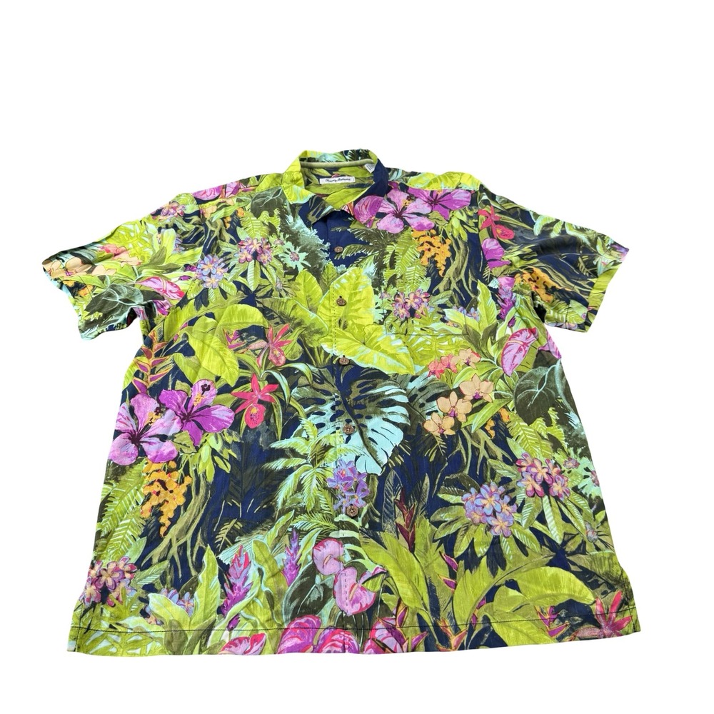 Tommy Bahama Green Purple Floral Pure Silk Hawaiian Shirt Size Large